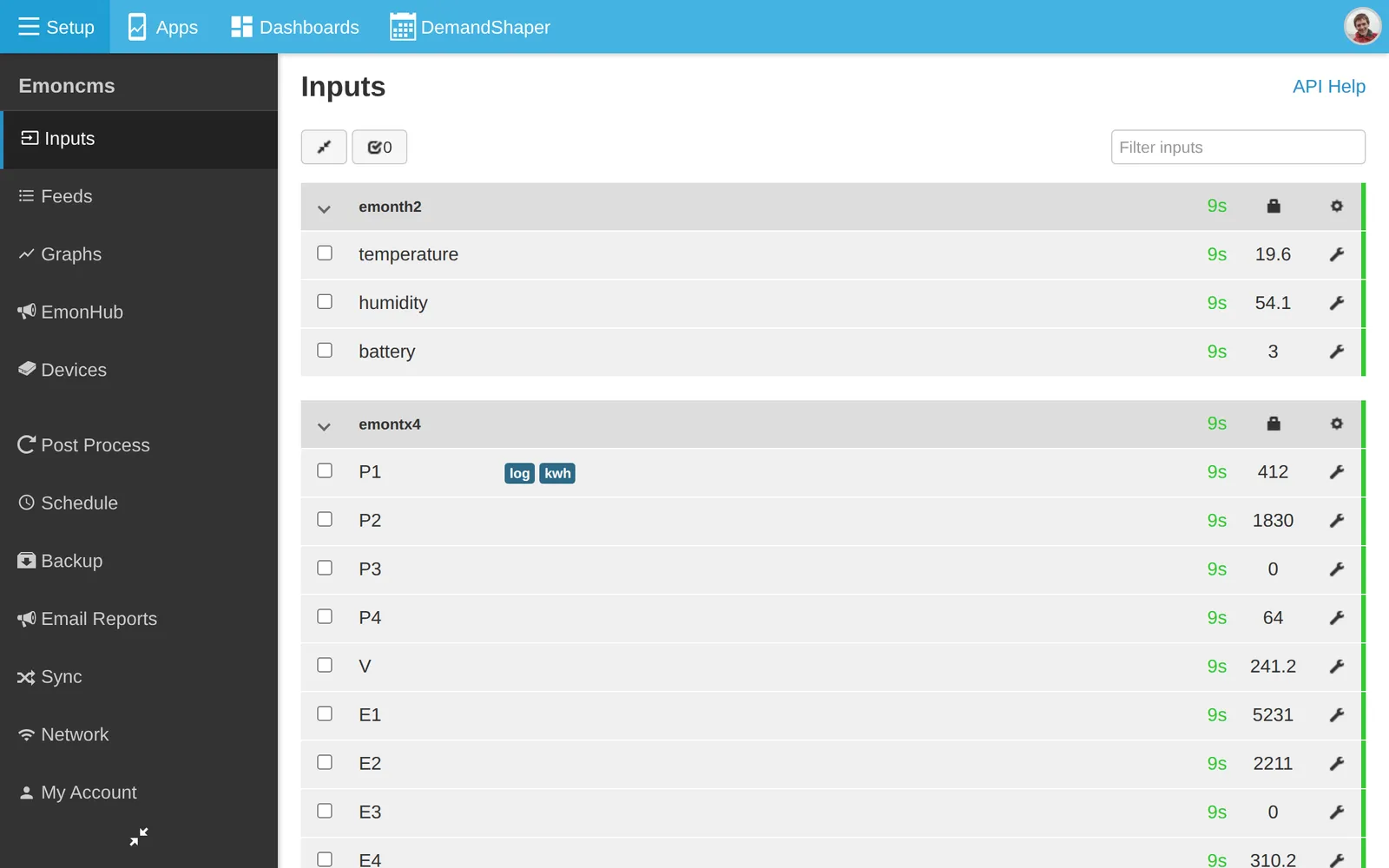 Inputs page